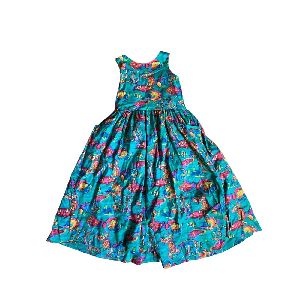 Vintage Caroline Classics Girls Tropical Fish Print Cotton Sundress Pockets 8